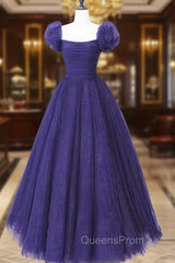 Dark Purple Tulle Scoop A-line Long Evening Dress, Dark Purple Evening Dress Evening Prom Dress