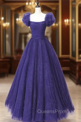 Dark Purple Tulle Sequins Puff Sleeve Pleats Evening Prom Dress