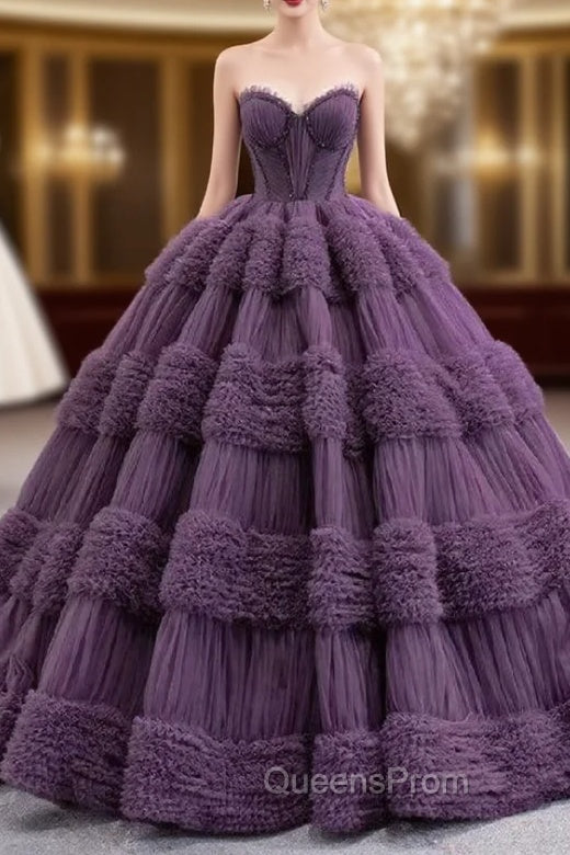 Dark Purple Tulle Sweetheart Pleats Beading Evening Prom Dress Main image