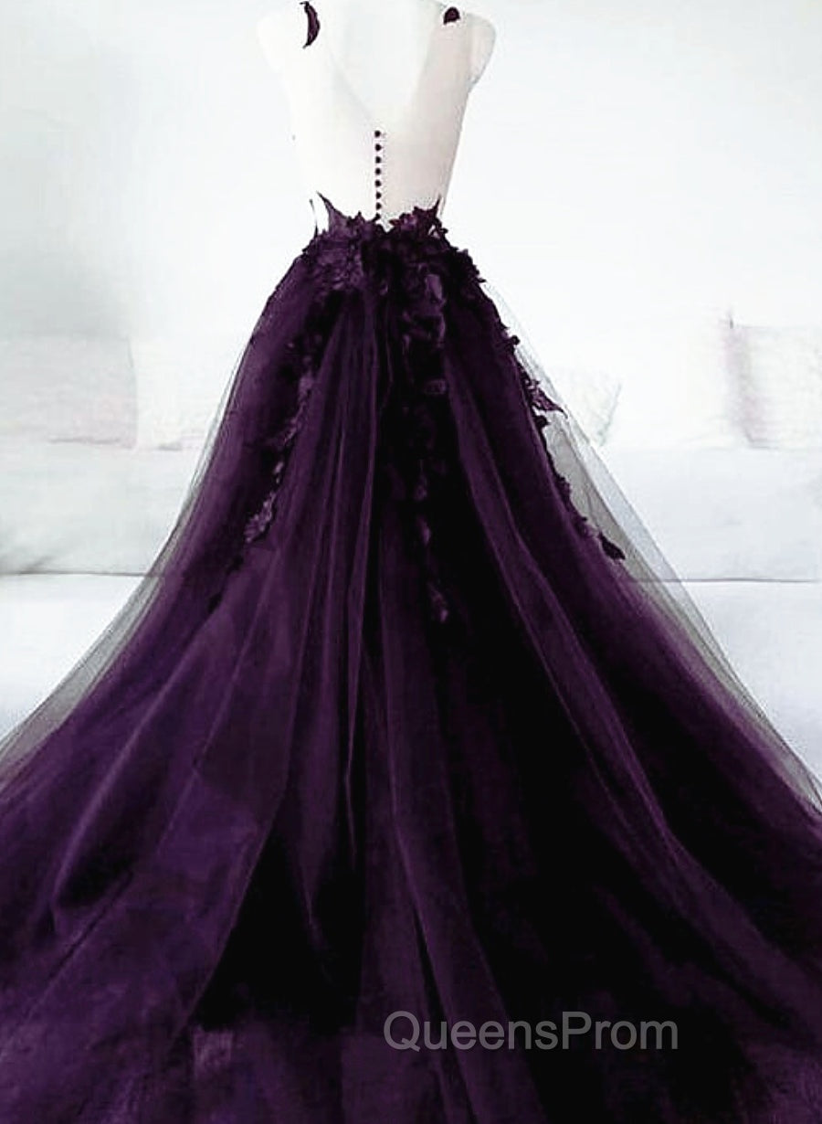 Dark Purple Tulle with Lace Applique Evening Dress, Purple Evening Dress Secondary image
