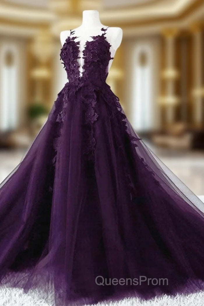 Dark Purple Tulle with Lace Applique Evening Dress, Purple Evening Dress Main image