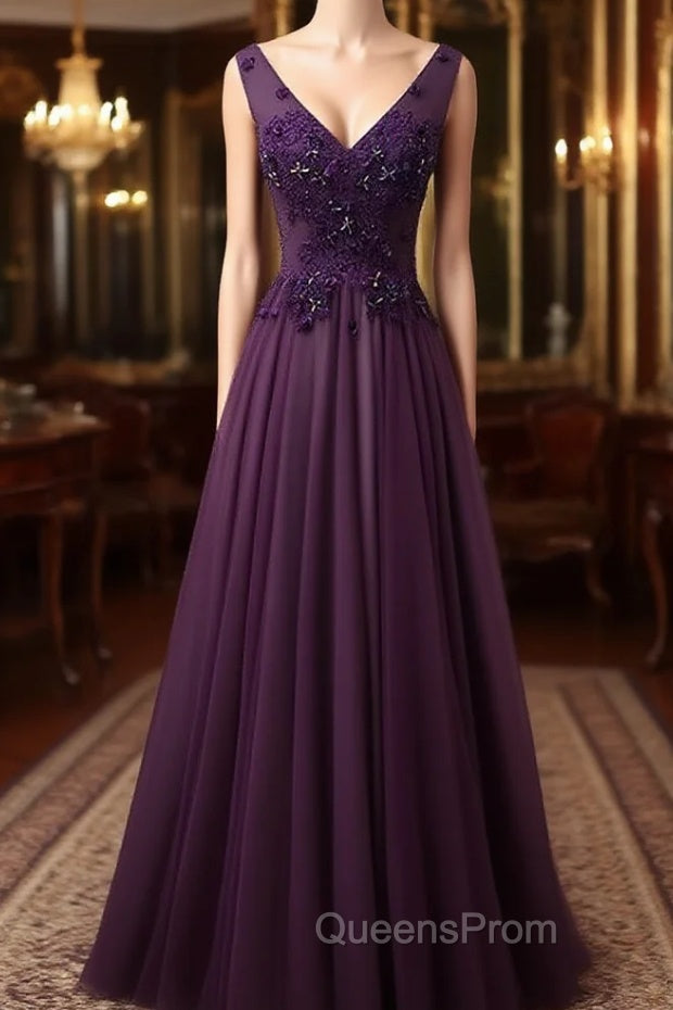 Dark Purple V-neckline Beaded Tulle Long Evening Dress Purple Evening Dress Evening Prom Dress shops Main image