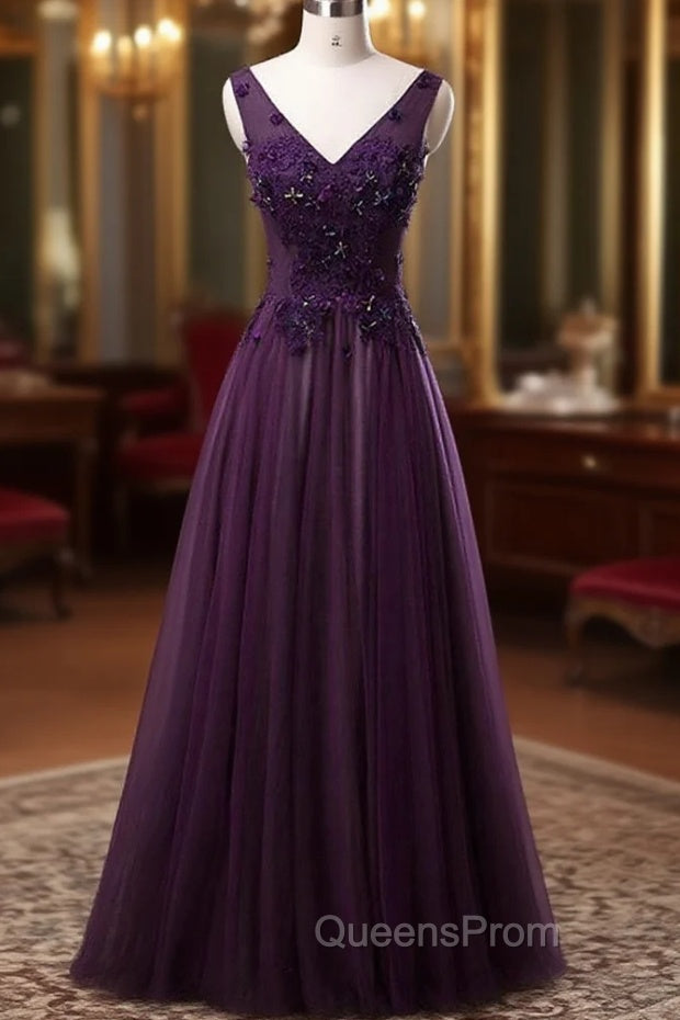 Dark Purple V-neckline Beaded Tulle Long Evening Dress, Purple Evening Dress Main image