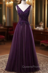 Dark Purple V-neckline Beaded Tulle Long Evening Dress, Purple Evening Dress