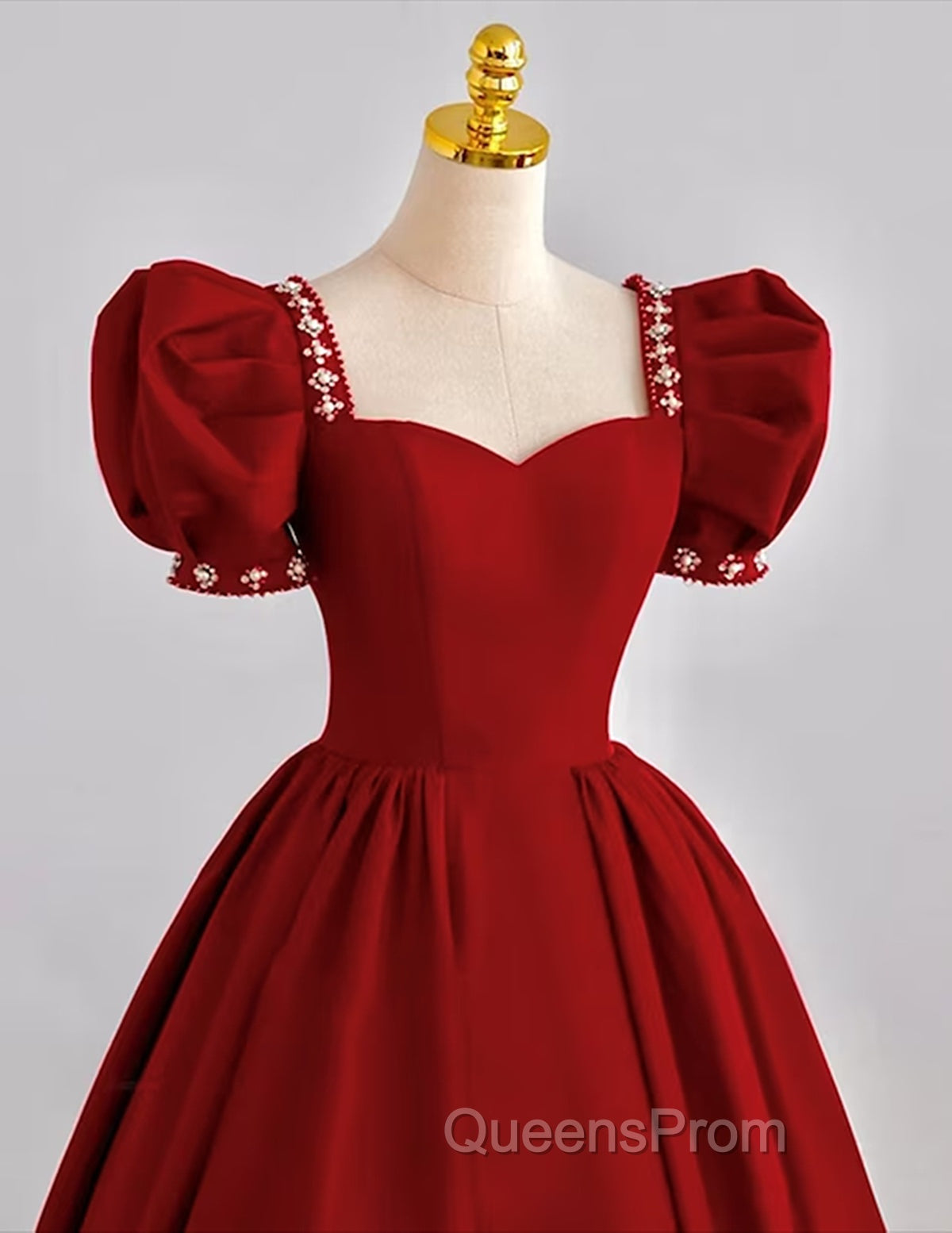 Dark Red Beaded Short Sleeves Tea Length Party Dress, Dark Red Evening Dress Evening Prom Dress Secondary image
