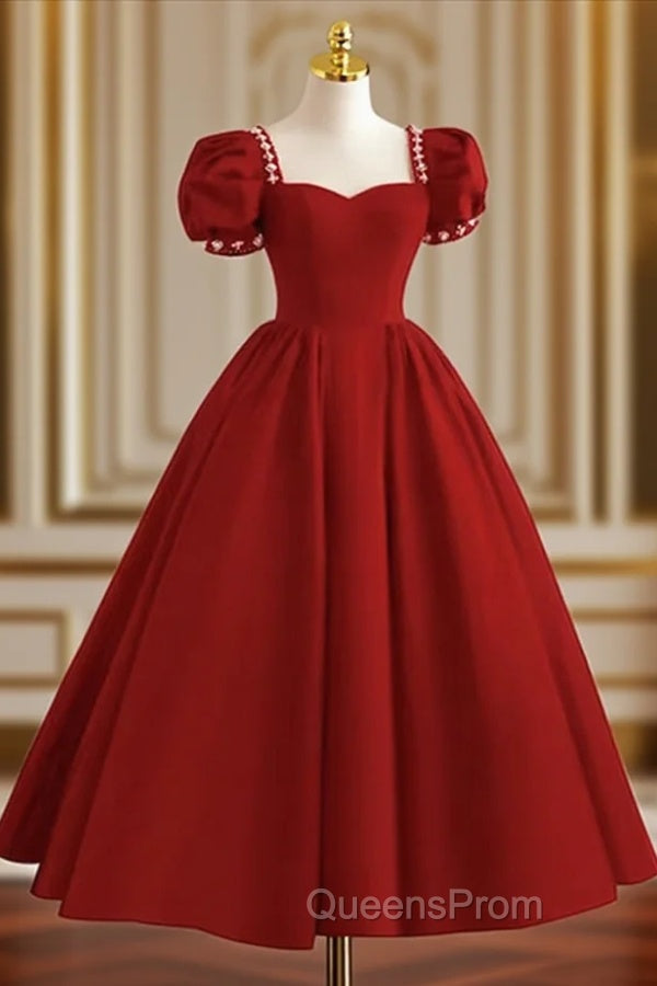 Dark Red Beaded Short Sleeves Tea Length Party Dress, Dark Red Evening Dress Evening Prom Dress Main image