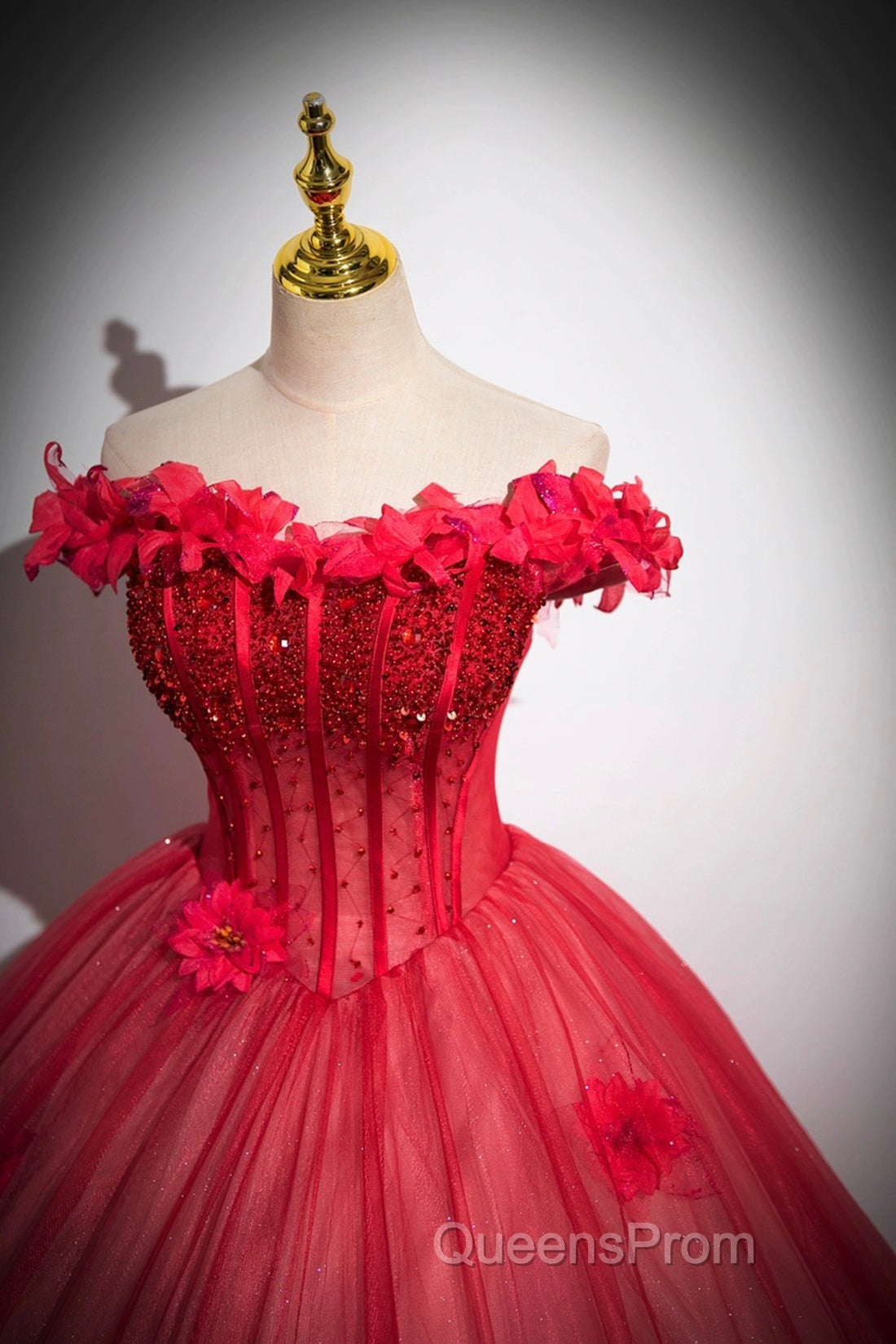 Dark Red Beading Evening Prom Dress With Corset, Off The Shoulder Short Sleeve Floor-Length Party Dress Secondary image