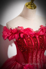 Dark Red Beading Evening Prom Dress With Corset, Off The Shoulder Short Sleeve Floor-Length Party Dress