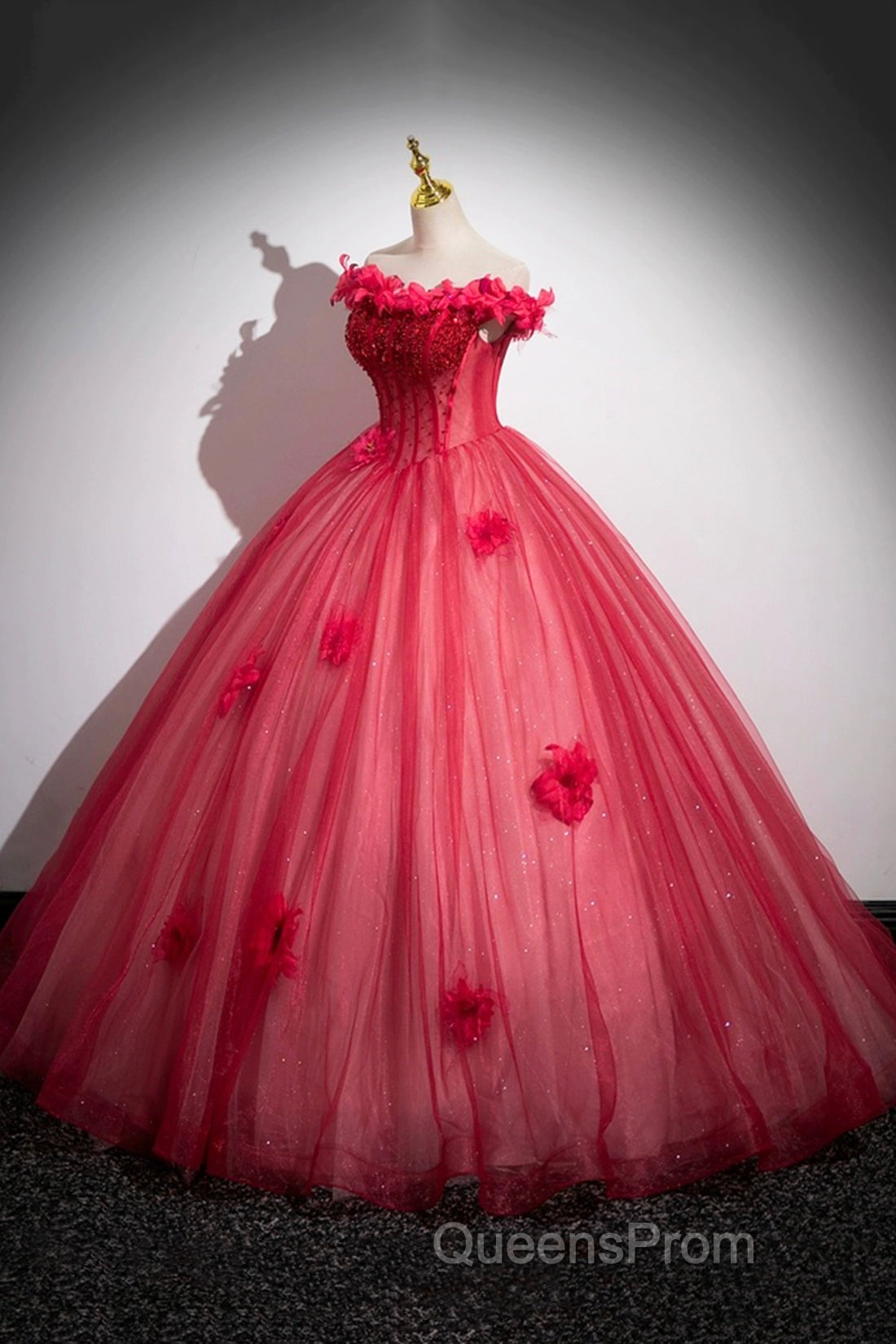 Dark Red Beading Evening Prom Dress With Corset, Off The Shoulder Short Sleeve Floor-Length Party Dress