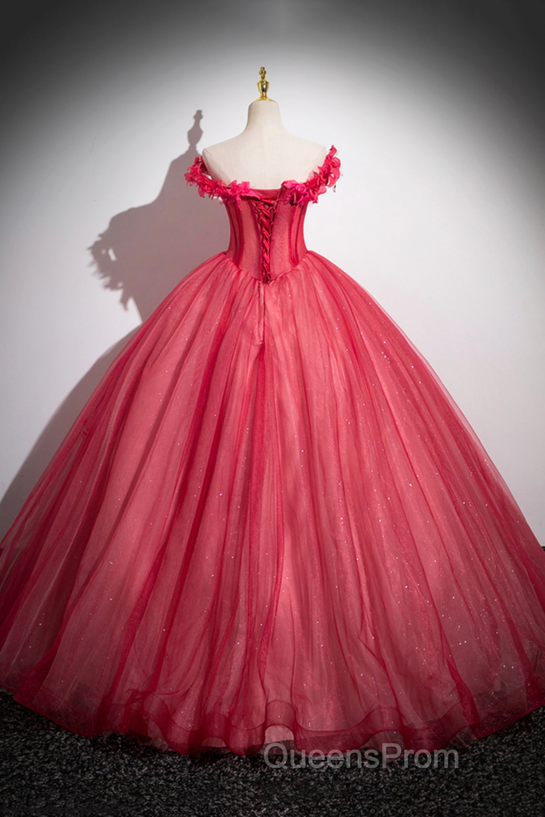 Dark Red Beading Evening Prom Dress With Corset, Off The Shoulder Short Sleeve Floor-Length Party Dress