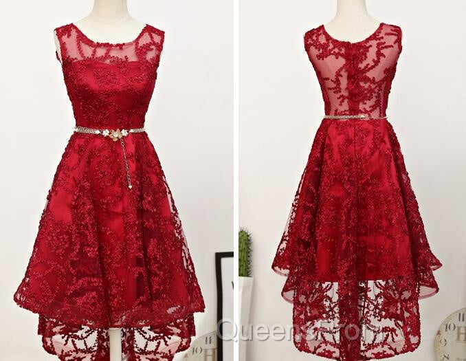 Dark Red High Low Lace Party Dress Homecoming Dress, Red Short Evening Prom Dress Secondary image