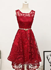 Dark Red High Low Lace Party Dress Homecoming Dress, Red Short Evening Prom Dress
