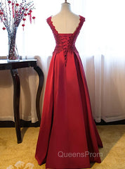 Dark Red Lace Long Junior Evening Prom Dress, Lace Top Party Dress