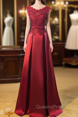 Dark Red Lace Long Junior Evening Prom Dress, Lace Top Party Dress