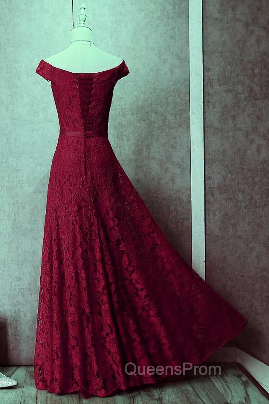 Dark Red Lace Off Shoulder Bridesmaid Dress, Long Evening Prom Dress Secondary image
