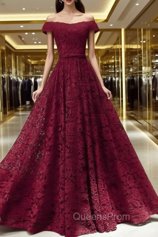 Dark Red Lace Off Shoulder Bridesmaid Dress, Long Evening Prom Dress
