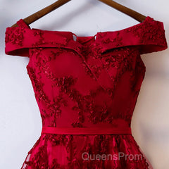 Dark Red Lace Off Shoulder Short Party Dress Formal Dress, Wine Red Homecoming Dress