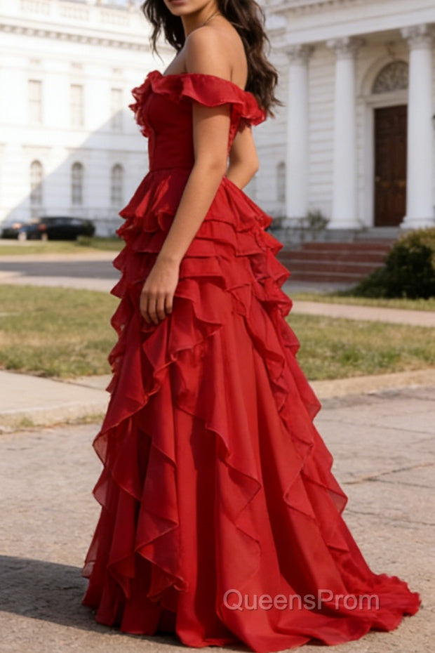 Dark Red Ruffled A-Line Square Neck Long Prom Dress