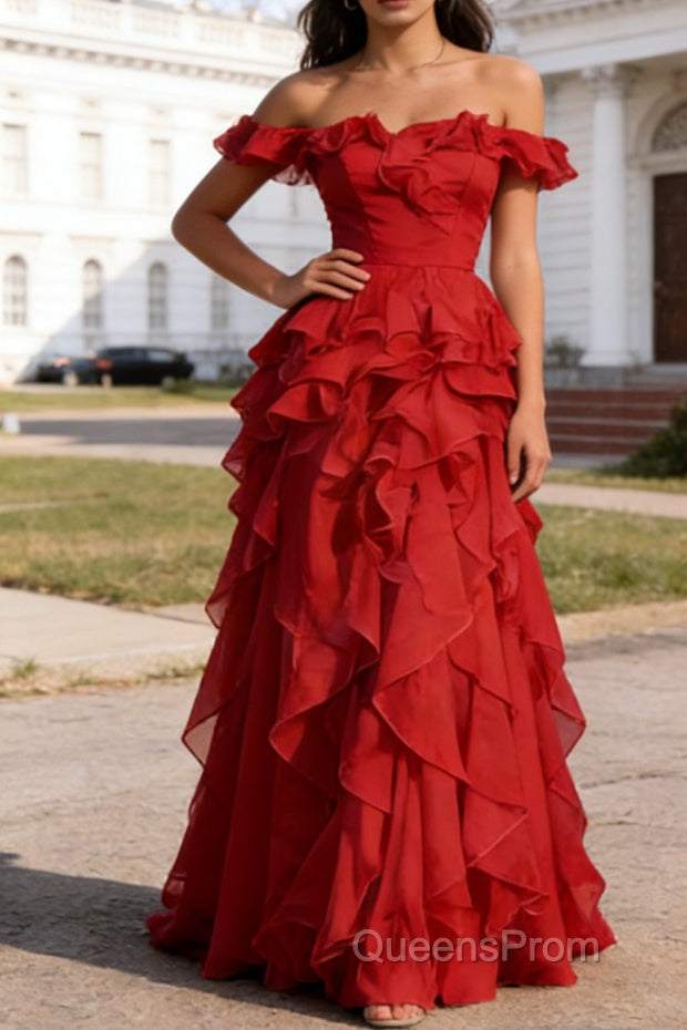 Dark Red Ruffled A-Line Square Neck Long Prom Dress Main image