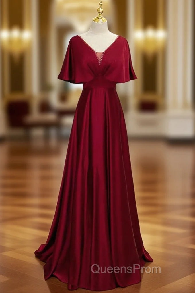 Dark Red Satin A-line Floor Length Evening Dress, Wine Red Wedding Party Dress Main image