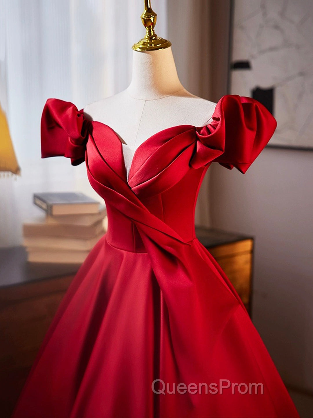 Dark Red Satin Long Evening Prom Dress, Off The Shoulder A-Line Formal Evening Dress Secondary image