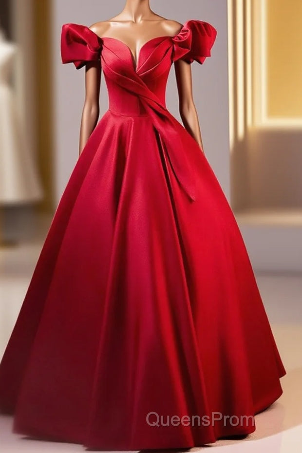Dark Red Satin Long Evening Prom Dress, Off The Shoulder A-Line Formal Evening Dress Main image
