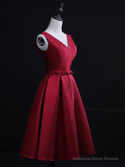 Dark Red Satin Short Homecoming Dress, Lovely Bridesmaid Dress