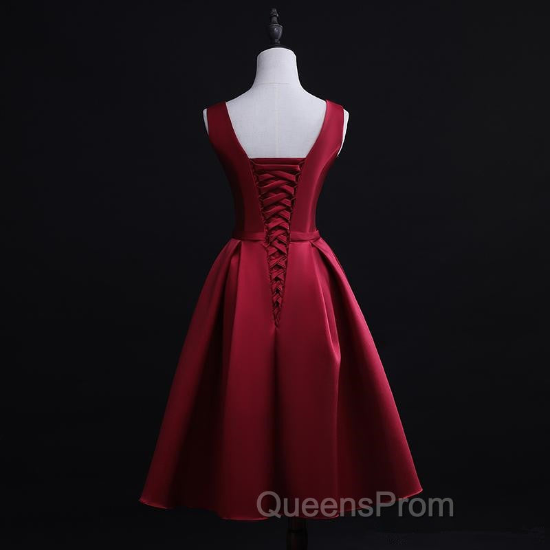 Dark Red Satin Short Homecoming Dress, Lovely Bridesmaid Dress