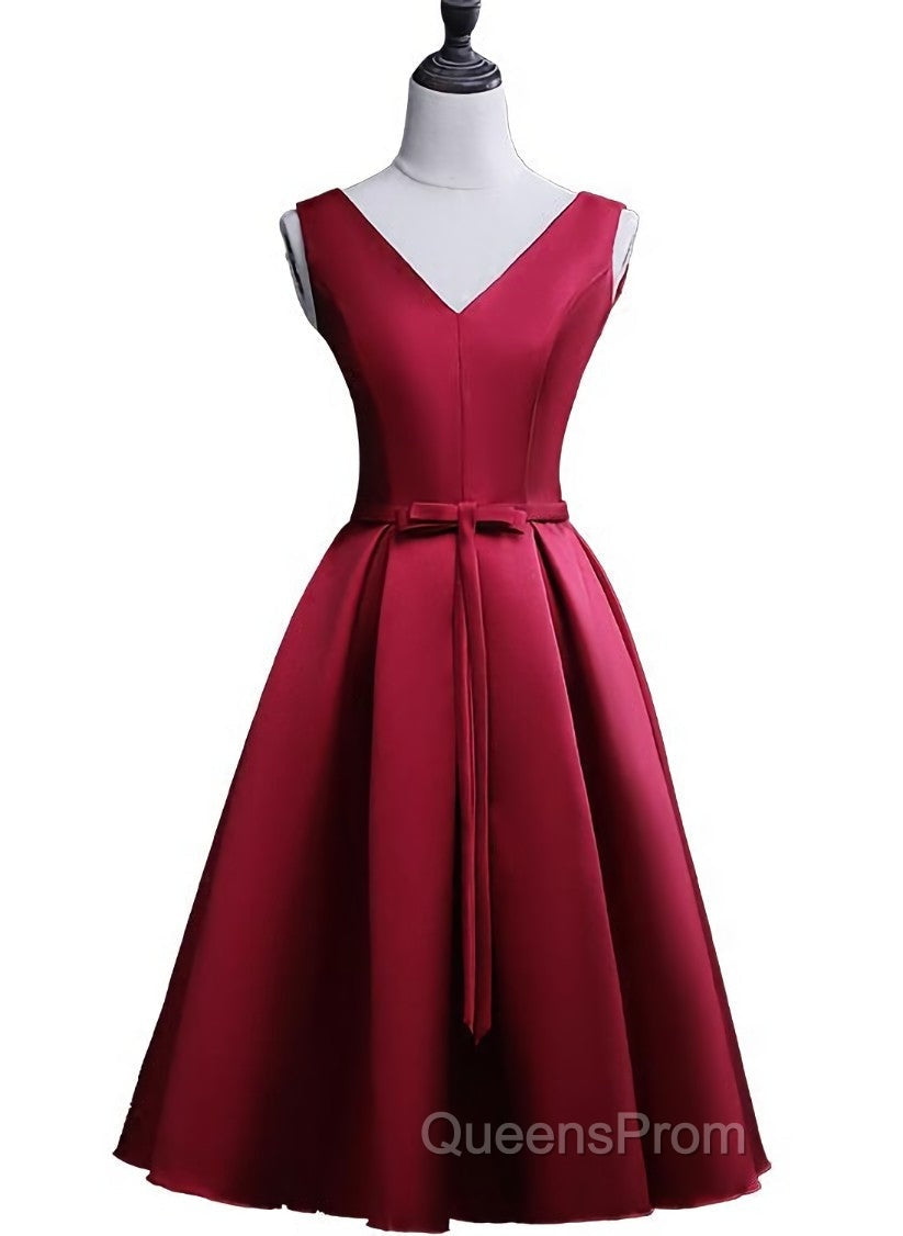Dark Red Satin Short Homecoming Dress, Lovely Bridesmaid Dress Secondary image