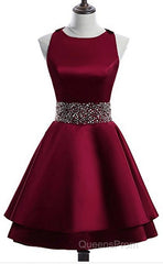 Dark Red Satin Short Two Layered Homecoming Dress, O-Neckline Party Dress, Short Formal Dress
