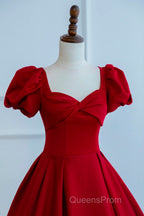 Dark Red Short Sleeve Long Evening Prom Dress, Beautiful A-Line Evening Party Dress