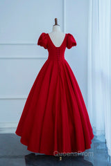 Dark Red Short Sleeve Long Evening Prom Dress, Beautiful A-Line Evening Party Dress