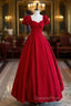 Dark Red Short Sleeve Long Evening Prom Dress, Beautiful A-Line Evening Party Dress