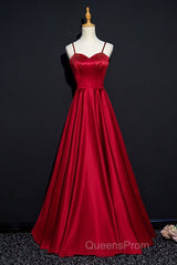 Dark Red Straps Beaded Sweetheart Satin Long Party Dress, Wine Red Evening Prom Dress