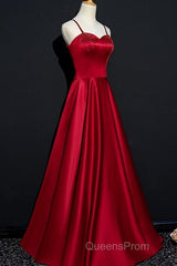 Dark Red Straps Beaded Sweetheart Satin Long Party Dress, Wine Red Evening Prom Dress