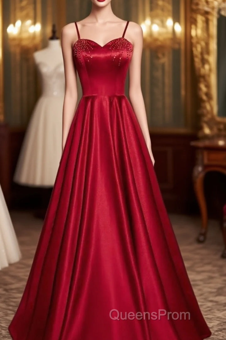 Dark Red Straps Beaded Sweetheart Satin Long Party Dress, Wine Red Evening Prom Dress Main image