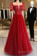 Dark Red Tulle Floor Length Formal Dress, Beautiful A-Line Short Sleeve Evening Dress With Beaded