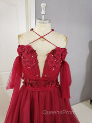 Dark Red Tulle Lace Long Evening Prom Dress, Red Tulle Lace Evening Dress