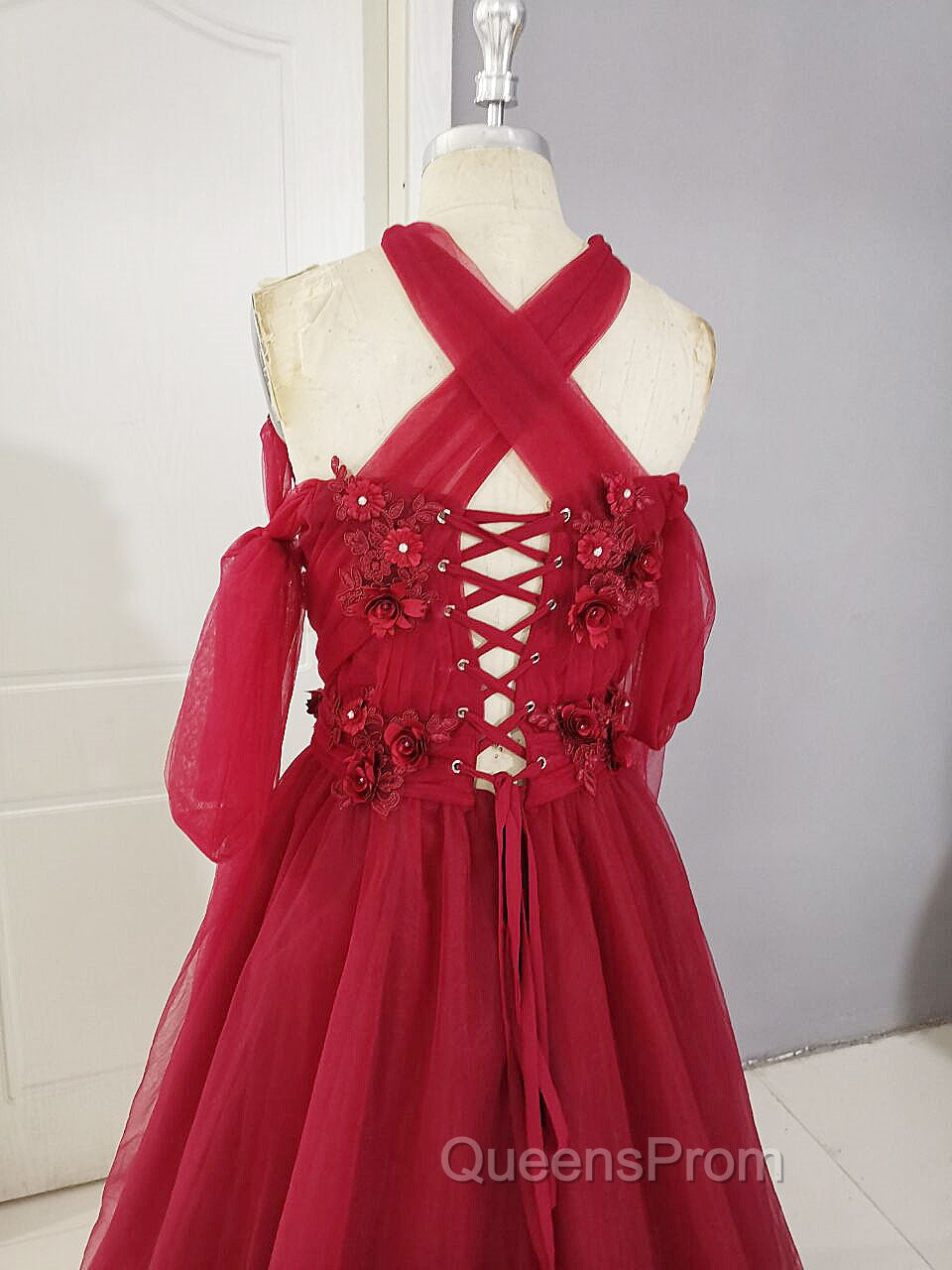 Dark Red Tulle Lace Long Evening Prom Dress, Red Tulle Lace Evening Dress