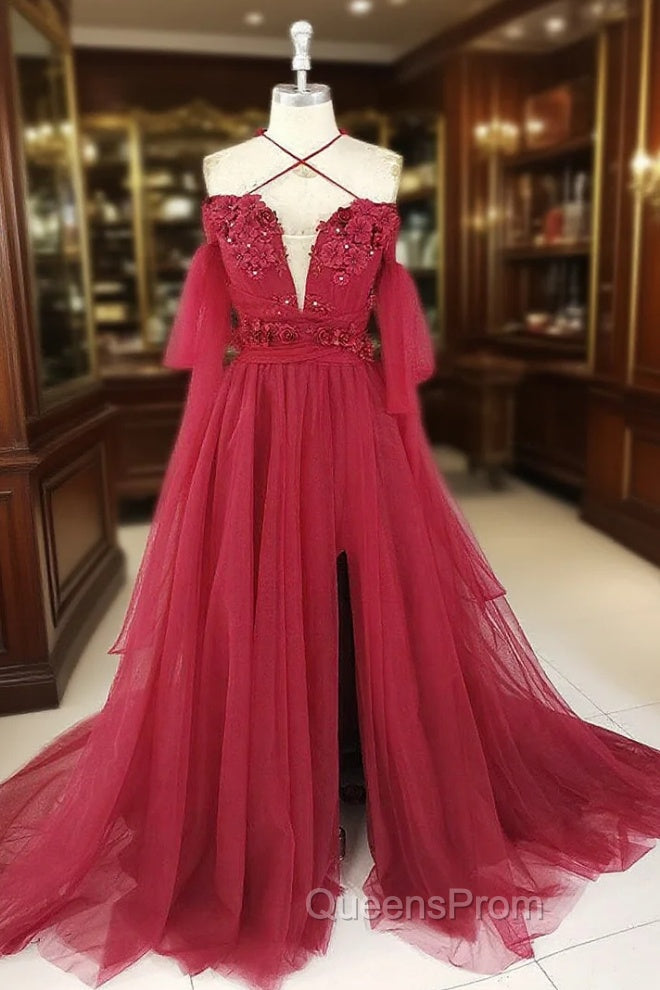 Dark Red Tulle Lace Long Evening Prom Dress, Red Tulle Lace Evening Dress Main image