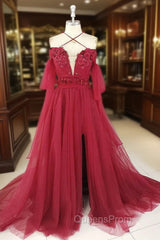 Dark Red Tulle Lace Long Evening Prom Dress, Red Tulle Lace Evening Dress