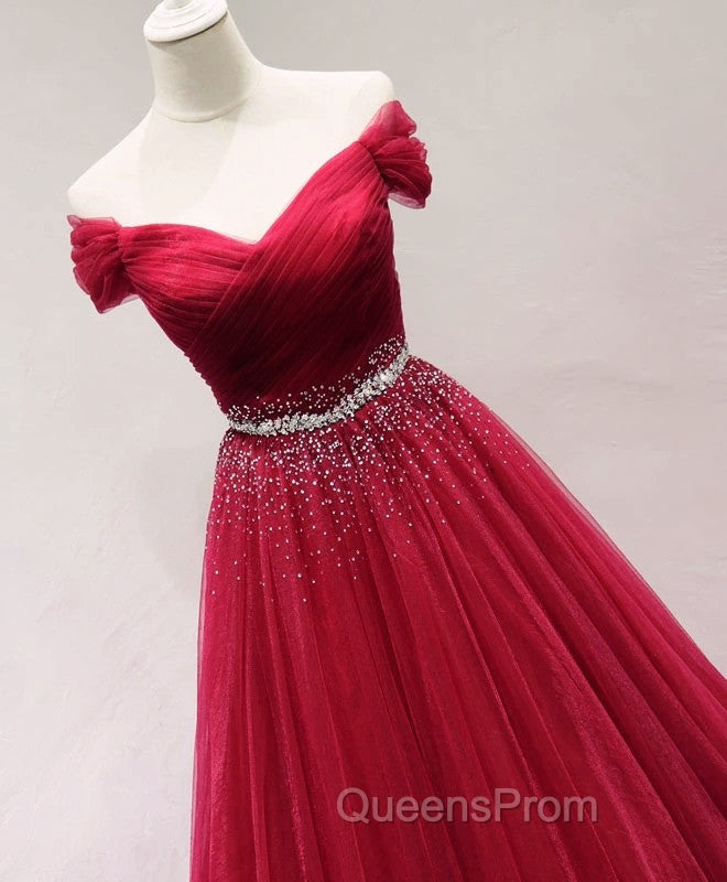 Dark Red Tulle Off Shoulder Long Evening Prom Dress, Beaded Party Dress Secondary image