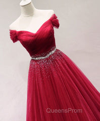 Dark Red Tulle Off Shoulder Long Evening Prom Dress, Beaded Party Dress