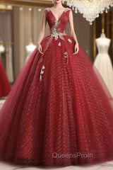 Dark Red Tulle Sequins V-neck Appliques Quinceanera Dress
