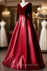 Dark Red Velvet and Satin V-neckline Long Evening Prom Dress Evening Dress, Red Bridesmaid Dress