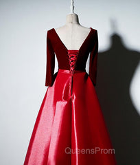 Dark Red Velvet and Satin V-neckline Long Evening Prom Dress Evening Dress, Red Bridesmaid Dress