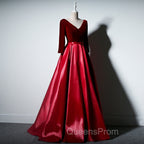 Dark Red Velvet and Satin V-neckline Long Evening Prom Dress Evening Dress, Red Bridesmaid Dress