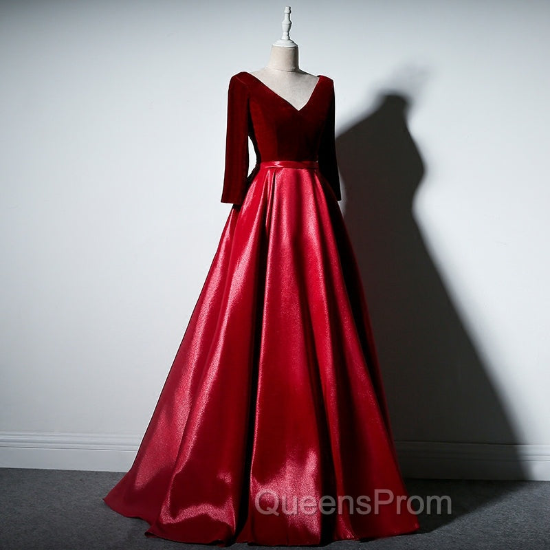 Dark Red Velvet and Satin V-neckline Long Evening Prom Dress Evening Dress, Red Bridesmaid Dress