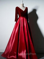 Dark Red Velvet and Satin V-neckline Long Evening Prom Dress Evening Dress, Red Bridesmaid Dress