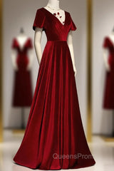 Dark Red Velvet Long Evening Prom Dress, Charming Evening Gown